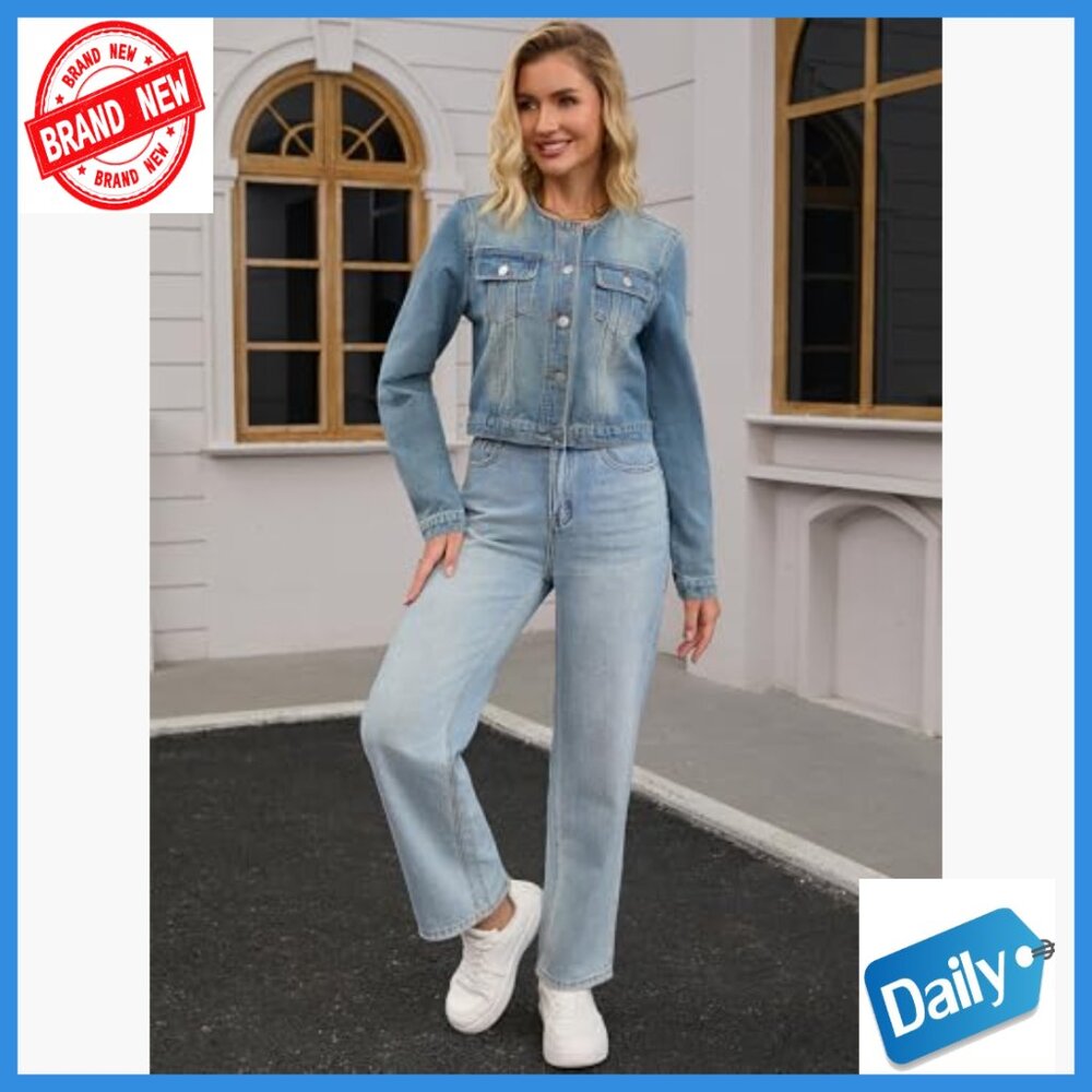 Classic Denim Jacket Collarless Button Down Long … - image 3